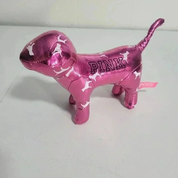 PINK by Victoria's Secret Metallic Hot Pink Small Logo Plush Dog - Picture 1 of 8